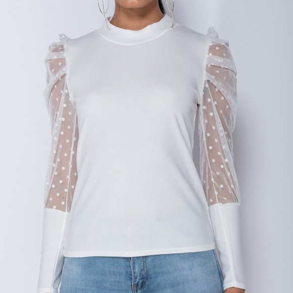 Cassie Blush Pink Polka Dot Mesh Sleeve Blouse Top - Picture 7 of 11